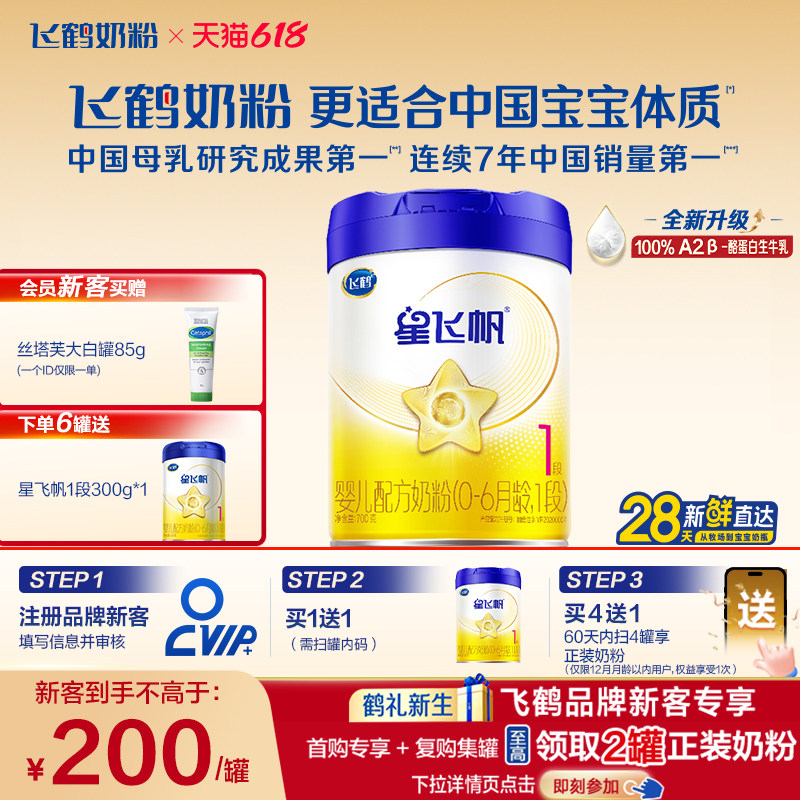 【新生专属】飞鹤星飞帆1段0-6个月婴幼儿牛奶粉700g1罐HMOA2奶源