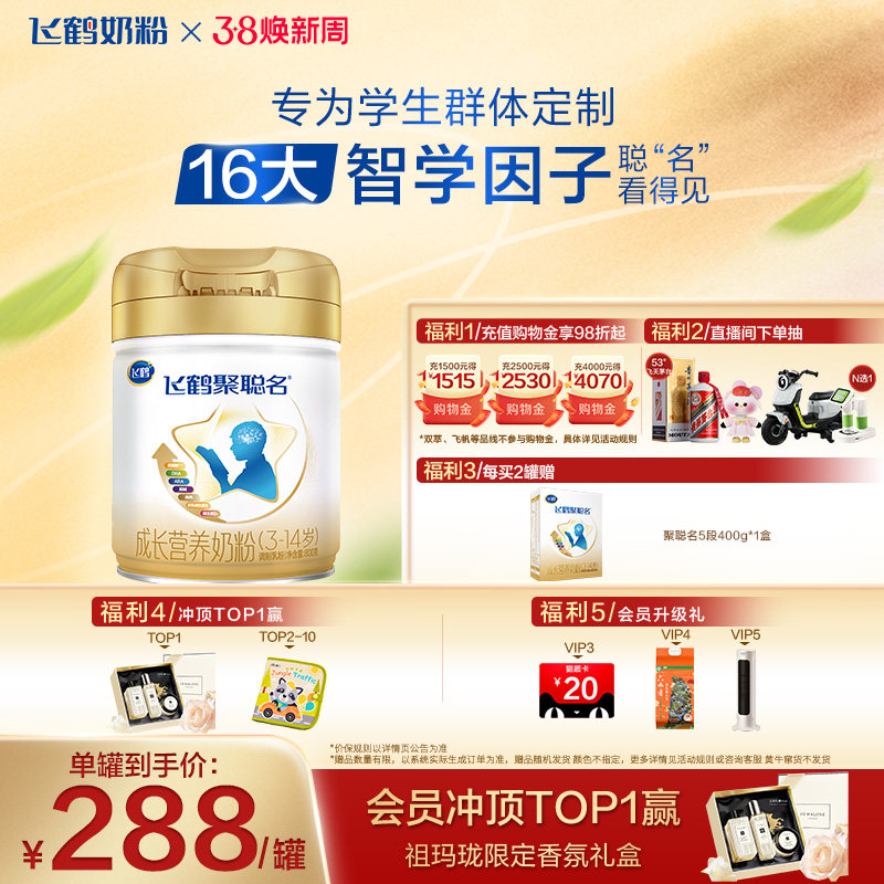 成长新科技 飞鹤聚聪名DHA儿童学生高钙奶粉800g*1罐正品