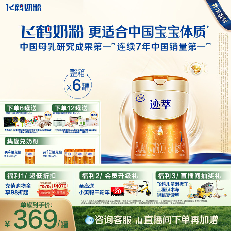 飞鹤迹萃1段【专利母源自护乳铁蛋白8HMOs】婴儿配方奶粉750g*6罐