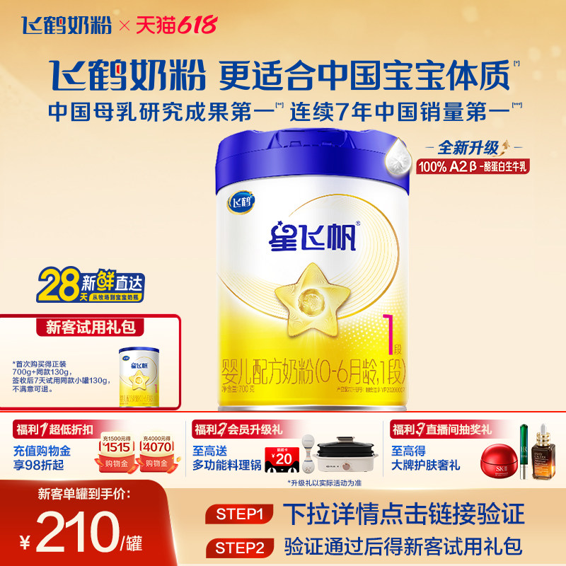 飞鹤星飞帆配方奶粉1段700g/罐 178.1元 - 86线报