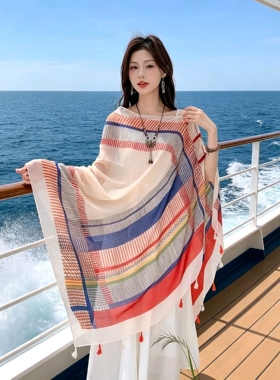 夏季薄款防晒披肩外搭女2025新款高级感空调房旅游海边沙滩丝巾女