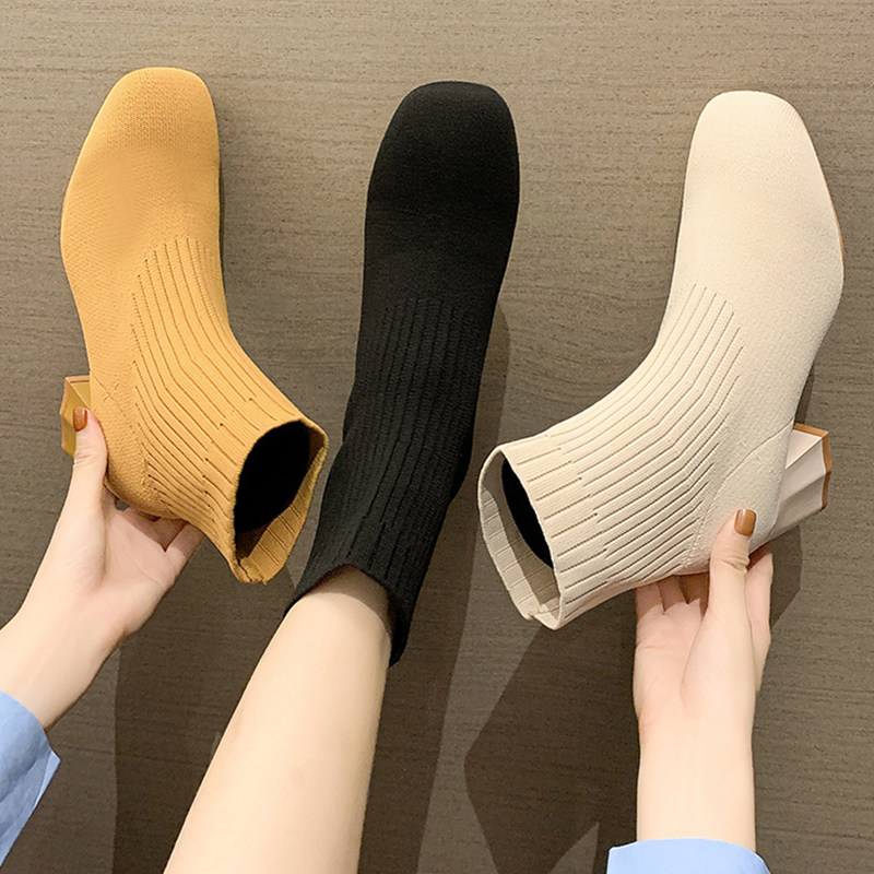 网红靴子2021秋冬新款百搭短靴尖头粗跟高跟马丁靴针织弹力袜靴女在类目 女鞋, 靴子中 - 来自Buy2taobao.com提供专业的淘宝代购服务