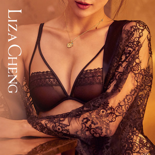 LizaCheng薄款 文胸大胸显小单层蕾丝网纱手工点钻性感内衣LB00053