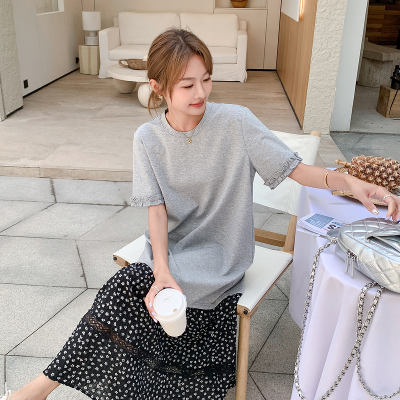 灰色韩版宽松慵懒风波点拼接连衣裙女2025夏季新款宽松显瘦T恤裙