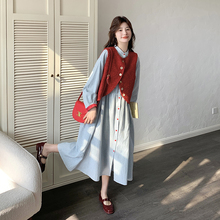 蓝色条纹连衣裙套装女2025年春季新款超火文艺穿搭马甲裙子两件套
