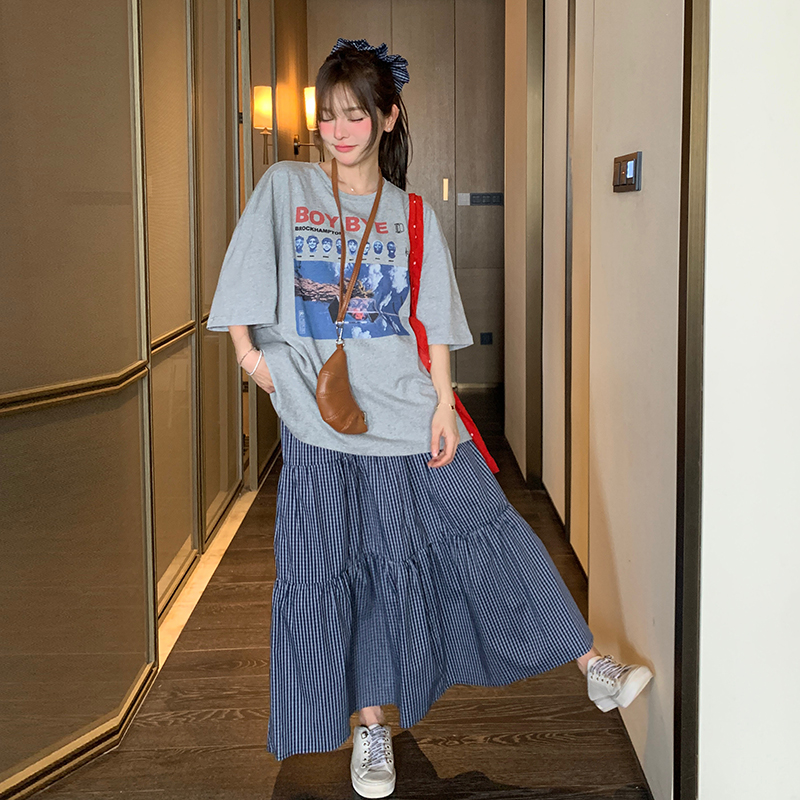 韩版宽松慵懒风印花T恤套装裙女2025年夏季新款格子半身裙两件套