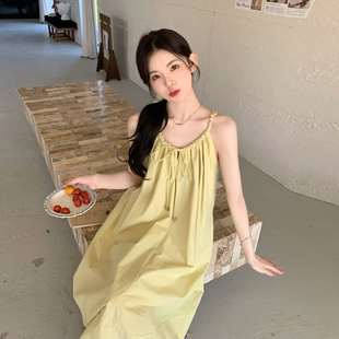 黄色法式 少女感挂脖吊带裙 海边度假性感浪漫连衣裙女2025夏季 新款