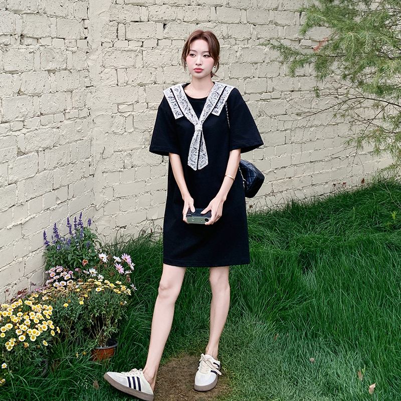 黑色时尚高级感蕾丝披肩连衣裙女2025夏季新款小个子休闲风T恤裙