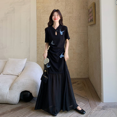 黑色轻国风复古女神范气质印花连衣裙女2025夏季新款高级感旗袍裙