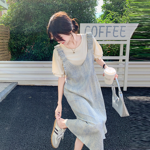韓版 牛仔連衣裙套裝 女2025夏季 新款 寬松減齡遮肚顯瘦背帶裙兩件套