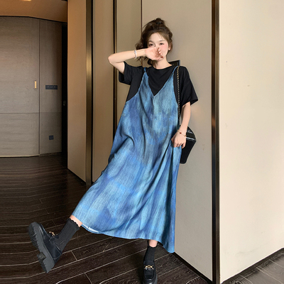 蓝色韩版时尚印花假两件连衣裙