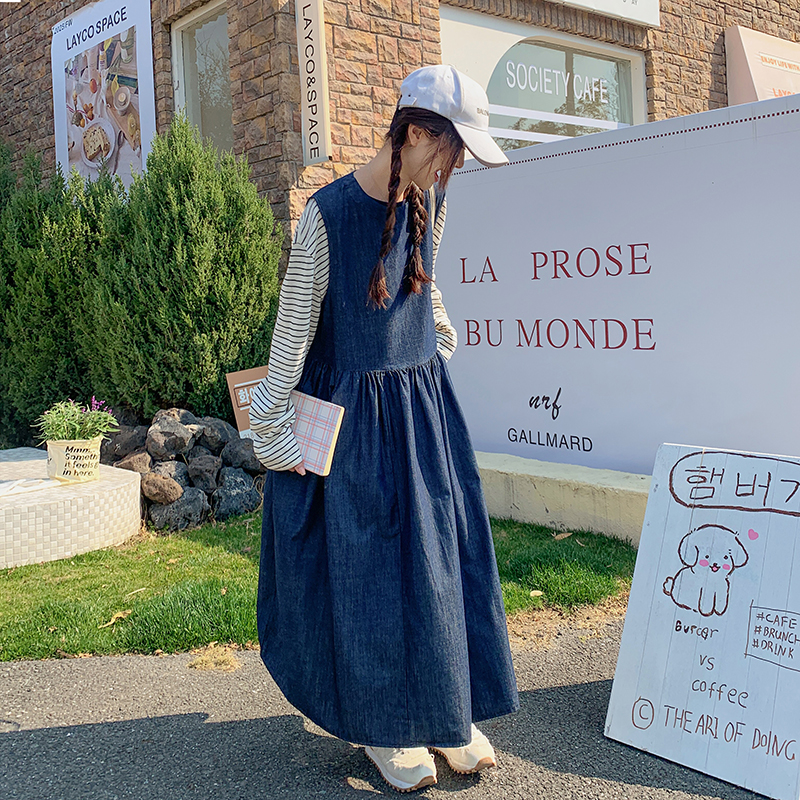 蓝色小个子牛仔背心裙套装女2025年春季新款条纹T恤连衣裙两件套