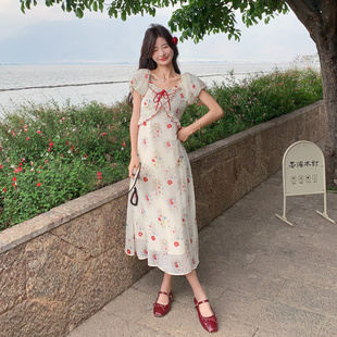 新款 花色少女感复古甜美温柔风连衣裙女2025年夏季 高腰显瘦碎花裙