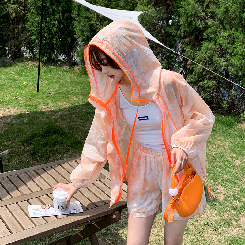 夏季新款薄款气质防晒服套装女连帽长袖卫衣外套阔腿短裤两件套潮