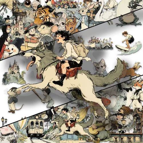100张童话世界贴纸卡通可爱复古风插画手账手机壳笔记本PET贴画