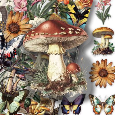 100张复古风蘑菇植物蝴蝶贴纸PET卡通创意涂鸦手账手机壳装饰贴画