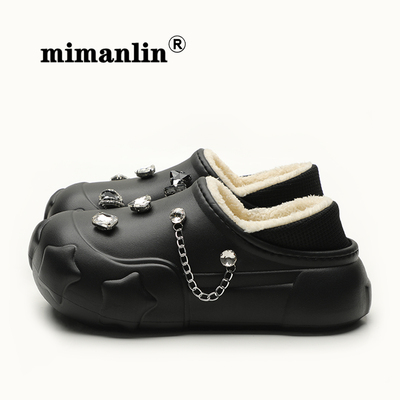 黑色加绒洞洞鞋女冬水钻链条保暖厚底防滑防水外穿时尚包跟棉拖鞋