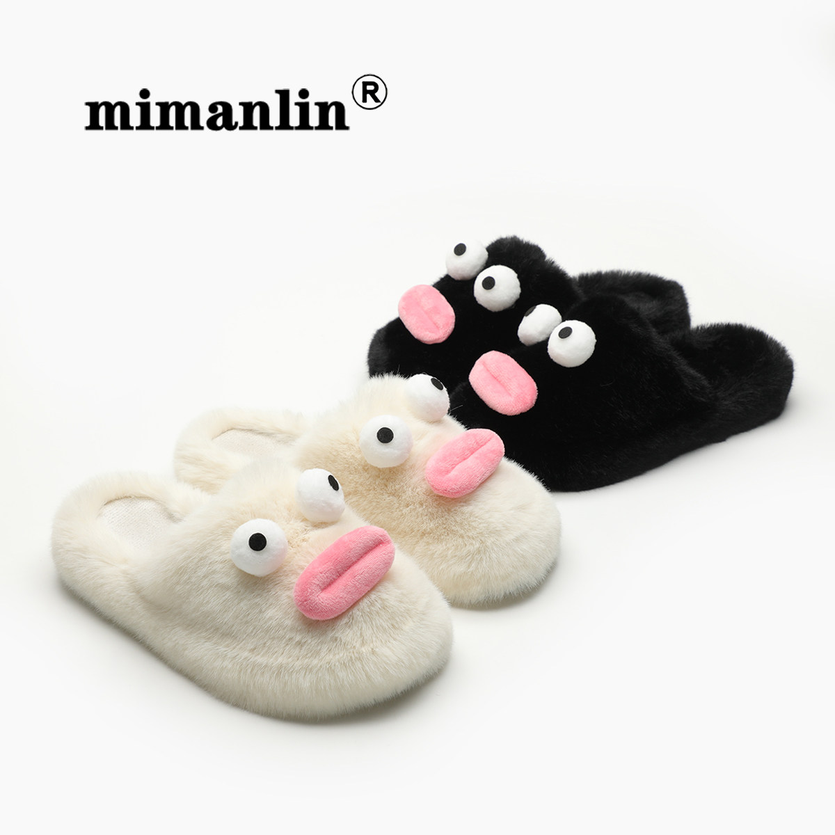 搞怪可爱毛毛拖鞋女外穿春秋平底室内居家网红防滑毛绒包头棉拖鞋