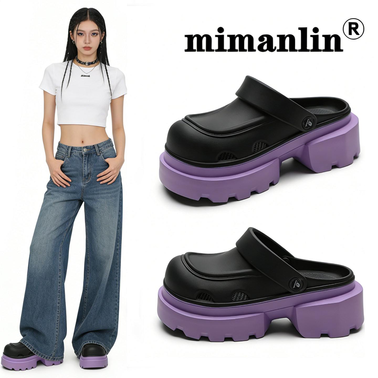 小众款黑紫撞色厚底凉鞋女夏季外穿时尚街头风个性超火松糕洞洞鞋