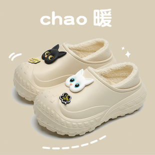 情侣厚底棉拖鞋女包跟冬季外穿防滑防水加绒保暖可爱室内居家棉鞋
