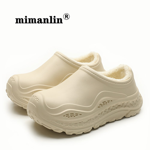 加绒棉鞋女秋冬季外穿厚底保暖一脚蹬休闲鞋防滑防水运动风棉拖鞋