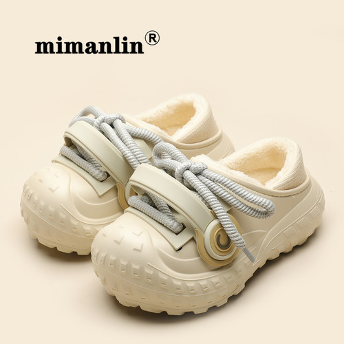 情侣厚底棉拖鞋男女包跟秋冬季加绒保暖休闲耳机时尚网红厚实棉鞋