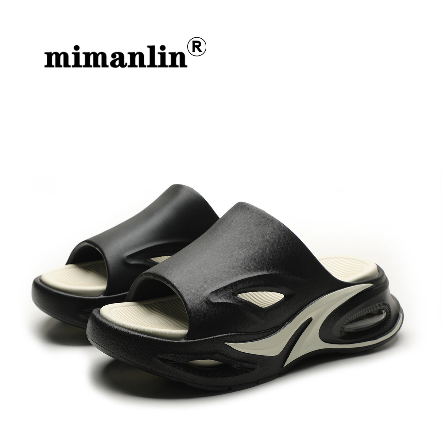 新款厚底一字拖鞋男夏季外穿运动休闲网红黑白撞色运动气垫凉拖鞋