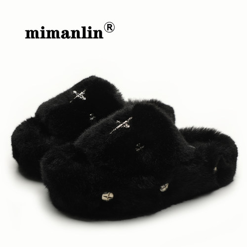 懒人风毛绒厚底棉拖鞋女士秋冬外穿保暖街头潮款铆钉装饰毛毛拖鞋