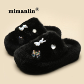 懒人毛毛拖鞋 可爱兔子毛绒厚底拖鞋 女秋冬居家保暖包头拖外穿时尚