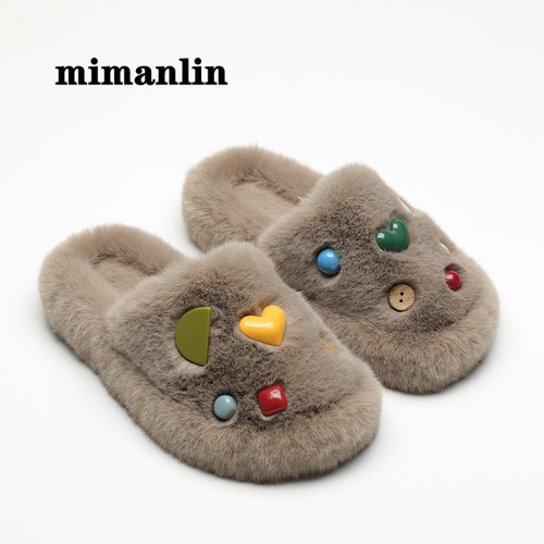 纽扣一字毛毛拖鞋软底