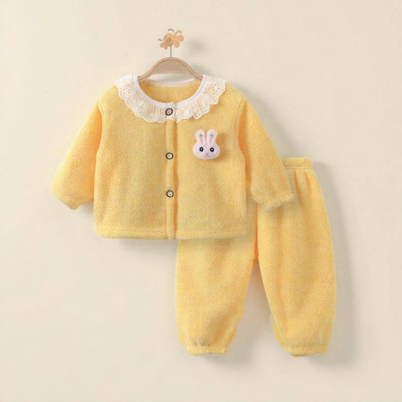 婴儿童家居服套装雪粒绒男童女宝冬季开衫加绒加厚保暖睡衣棉服