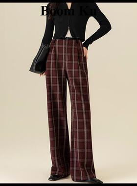 复古格子裤宽松阔腿裤女秋季新款休闲裤显瘦拖地裤子直筒裤