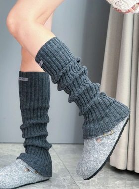 韩版翻边min字母袜套女~秋冬针织护腿灰色堆堆袜JK风腿套搭鲨鱼裤