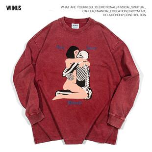 WIINUS美式复古Vintage水洗做旧纯棉休闲百搭长袖T恤情侣同款