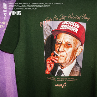 WIINUS25春夏新品425克超重磅墨绿色人物印花短袖T恤男女同款宽松