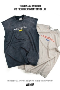 WIINUS原创320克初棉做旧水洗压胶背心宽松打底衫无袖T恤情侣