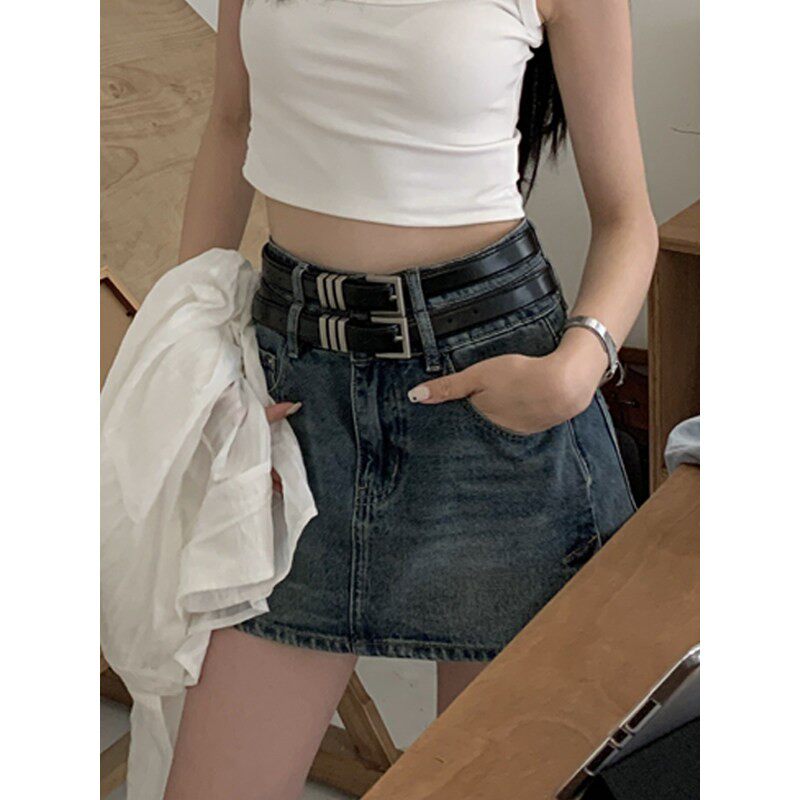 Halo Luu 复古高腰牛仔半身裙女夏季新款双腰带设计感a字包臀短裙