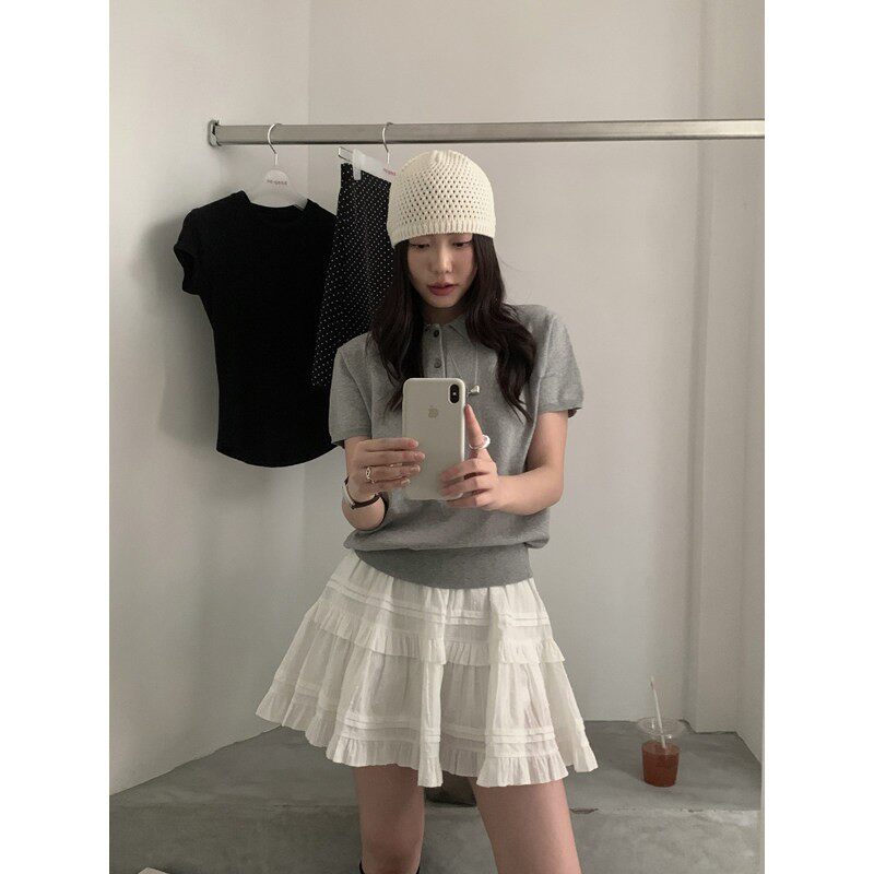Halo Luu 白色芭蕾蛋糕裙女夏季荷叶边蓬蓬裙设计感短款a字半身裙