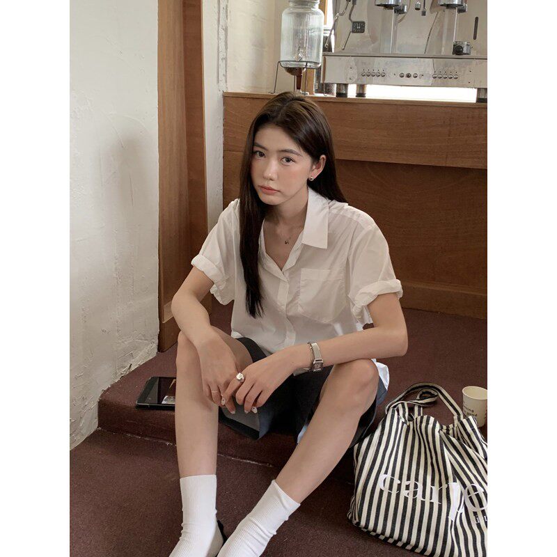Heeoo 白色衬衫女夏季韩系休闲上衣宽松慵懒风薄款纯棉短袖衬衣