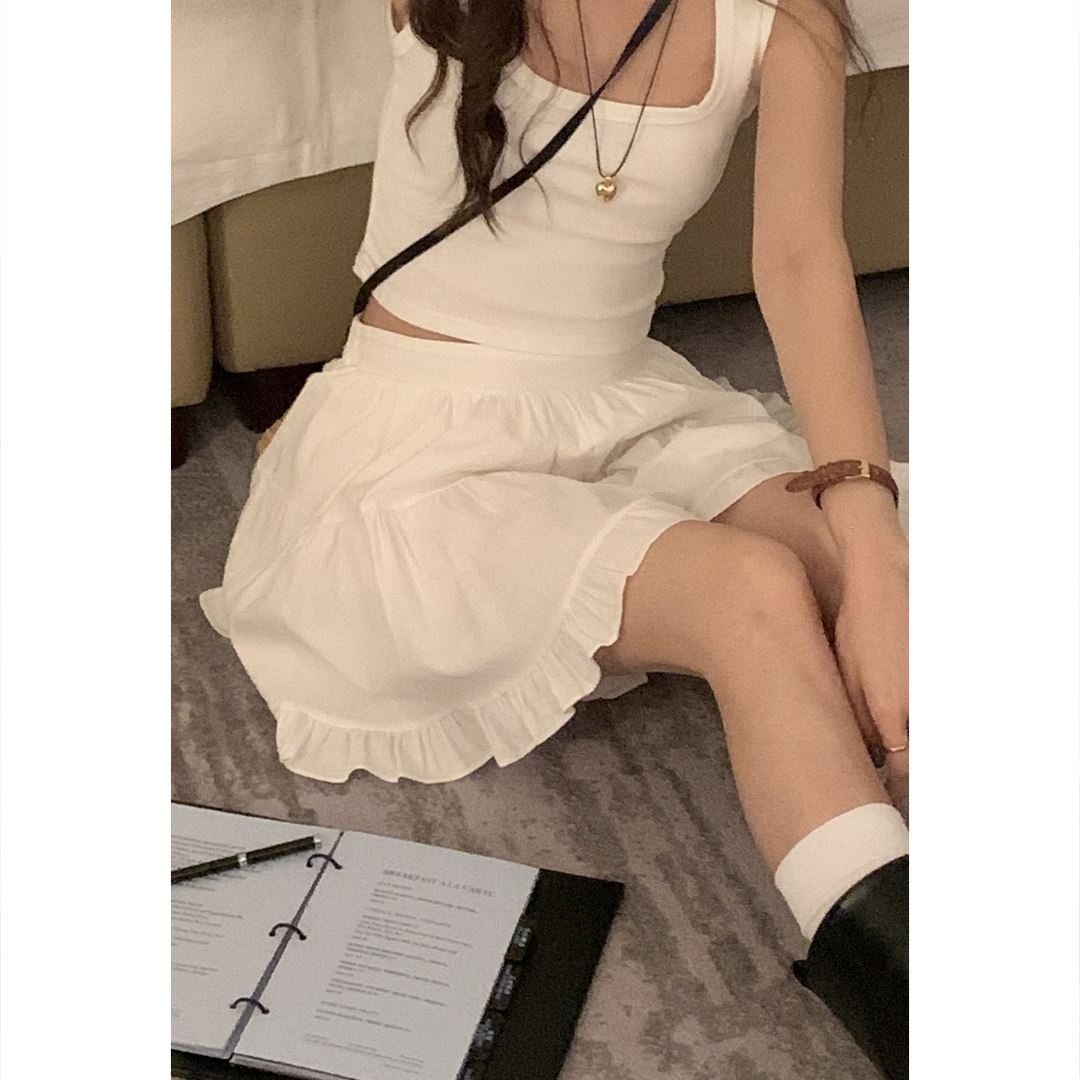 薄荷自制 白色高腰半身裙女夏季褶皱a字裙裤韩系设计感小众短裙子