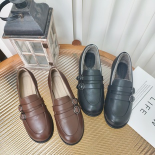 真皮双扣乐福鞋 322 女平底复古小皮鞋 有羊毛里 豆豆鞋 慢先森