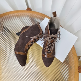 821 靴 复古系带马丁靴女短靴翻毛皮拼接猫跟细高跟时装 慢先森