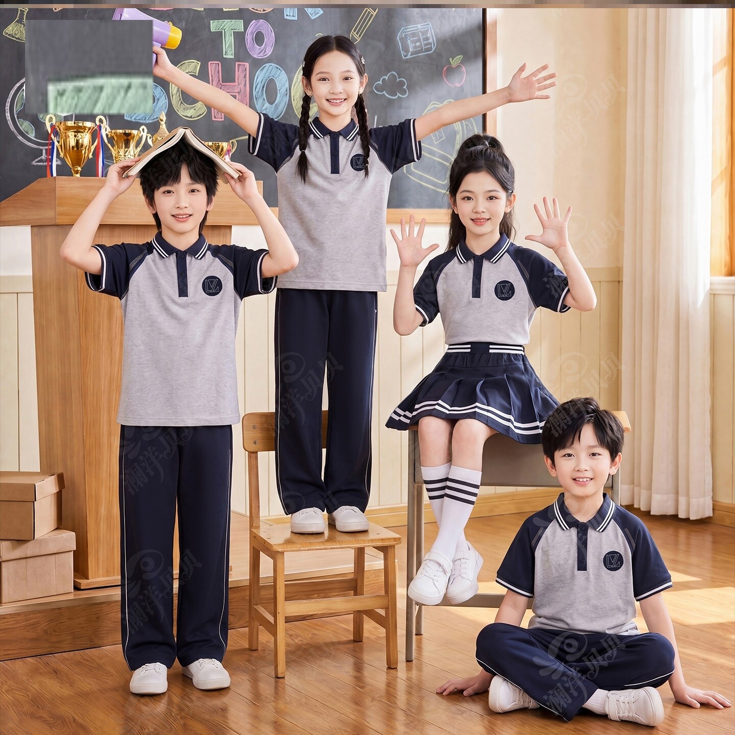 辽宁省沈阳市大东区小学生夏季校服第二款儿童短袖初中班服订制