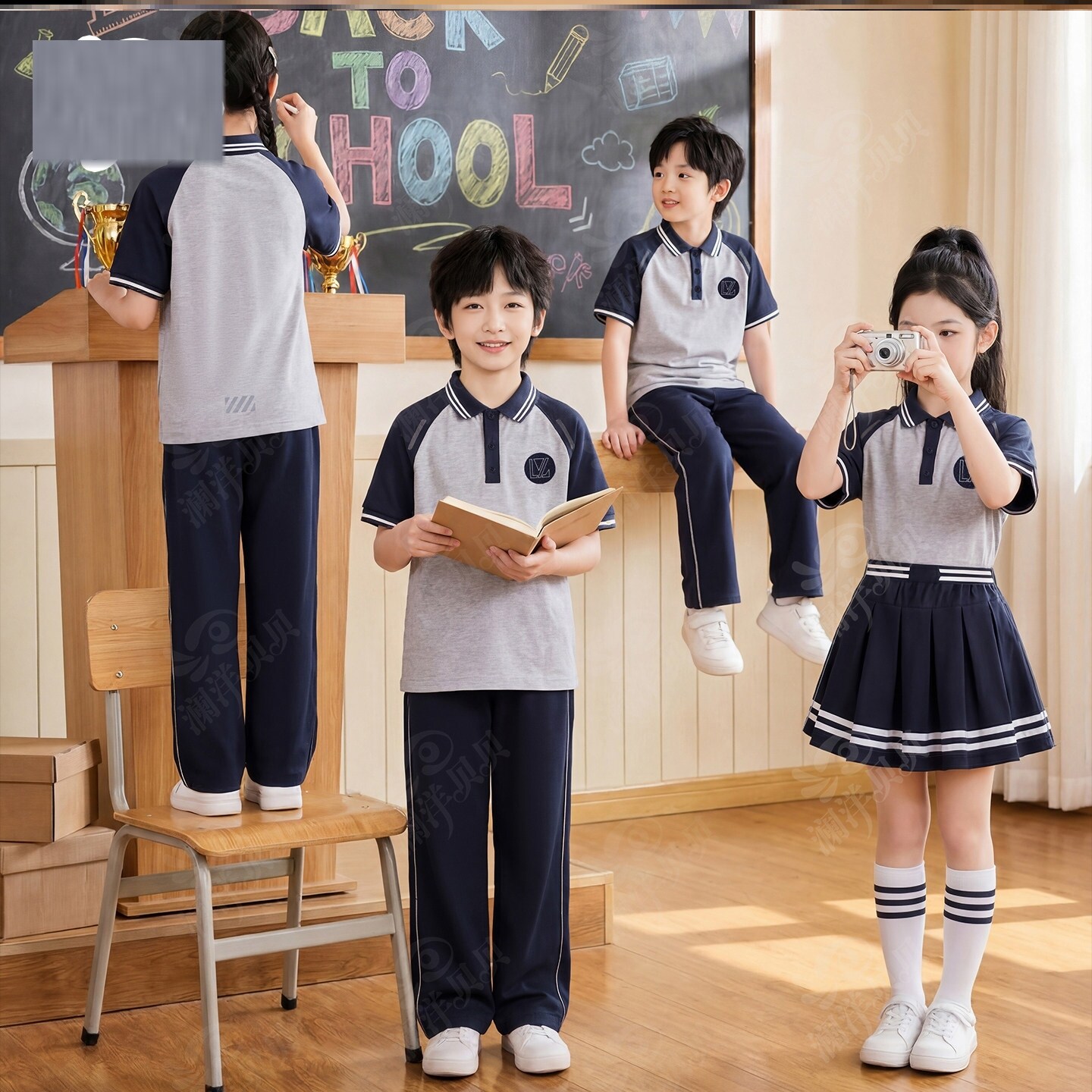 辽宁省沈阳市辽中区小学生夏季校服第二款儿童短袖初中班服订制