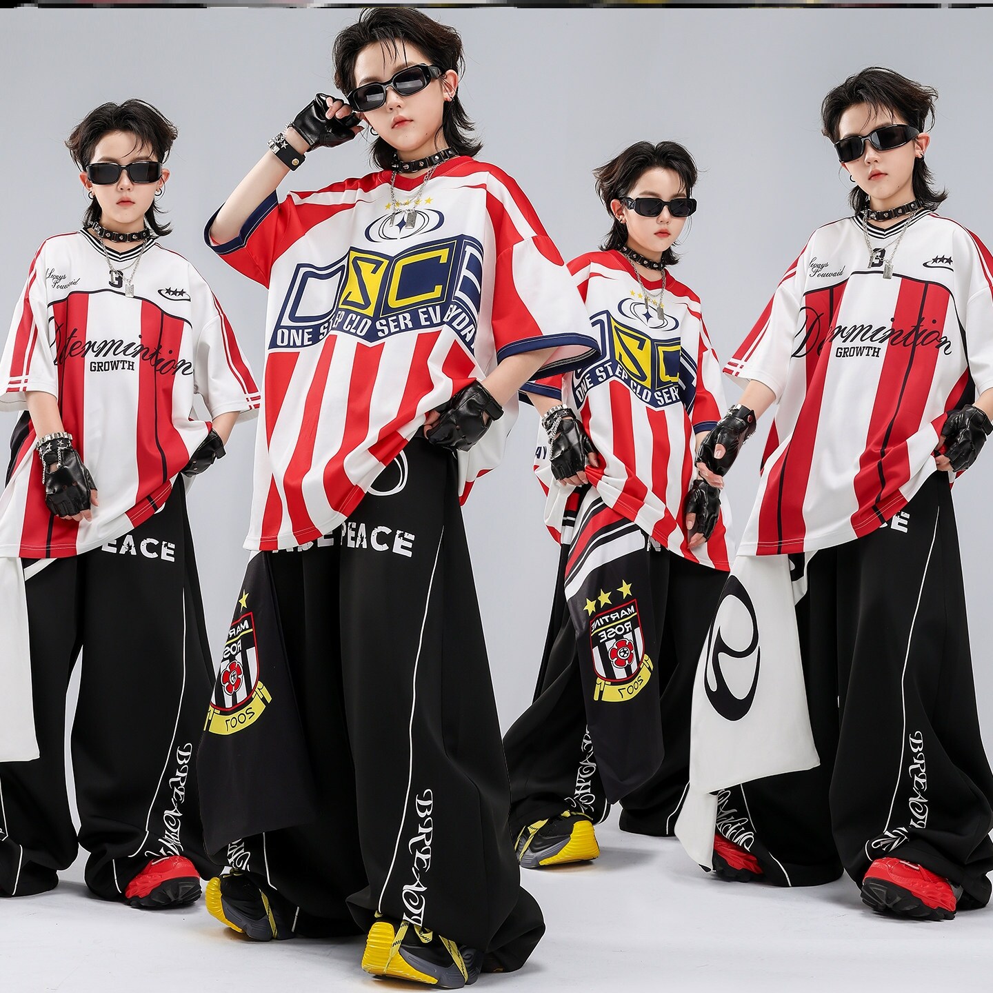嘻哈街舞服表演服条纹红白亮皮童装女童字母酷帅hiphop蓝色儿童