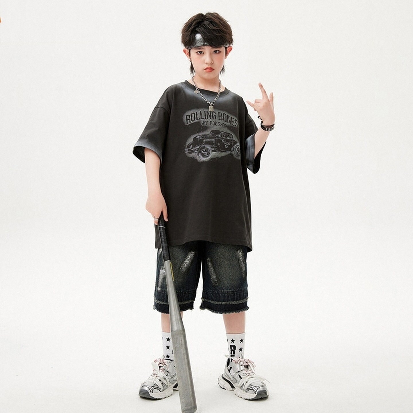 hiphop街舞儿童潮服潮牌嘻哈酷走秀T恤做旧演出夏天痞迷彩裤炫酷