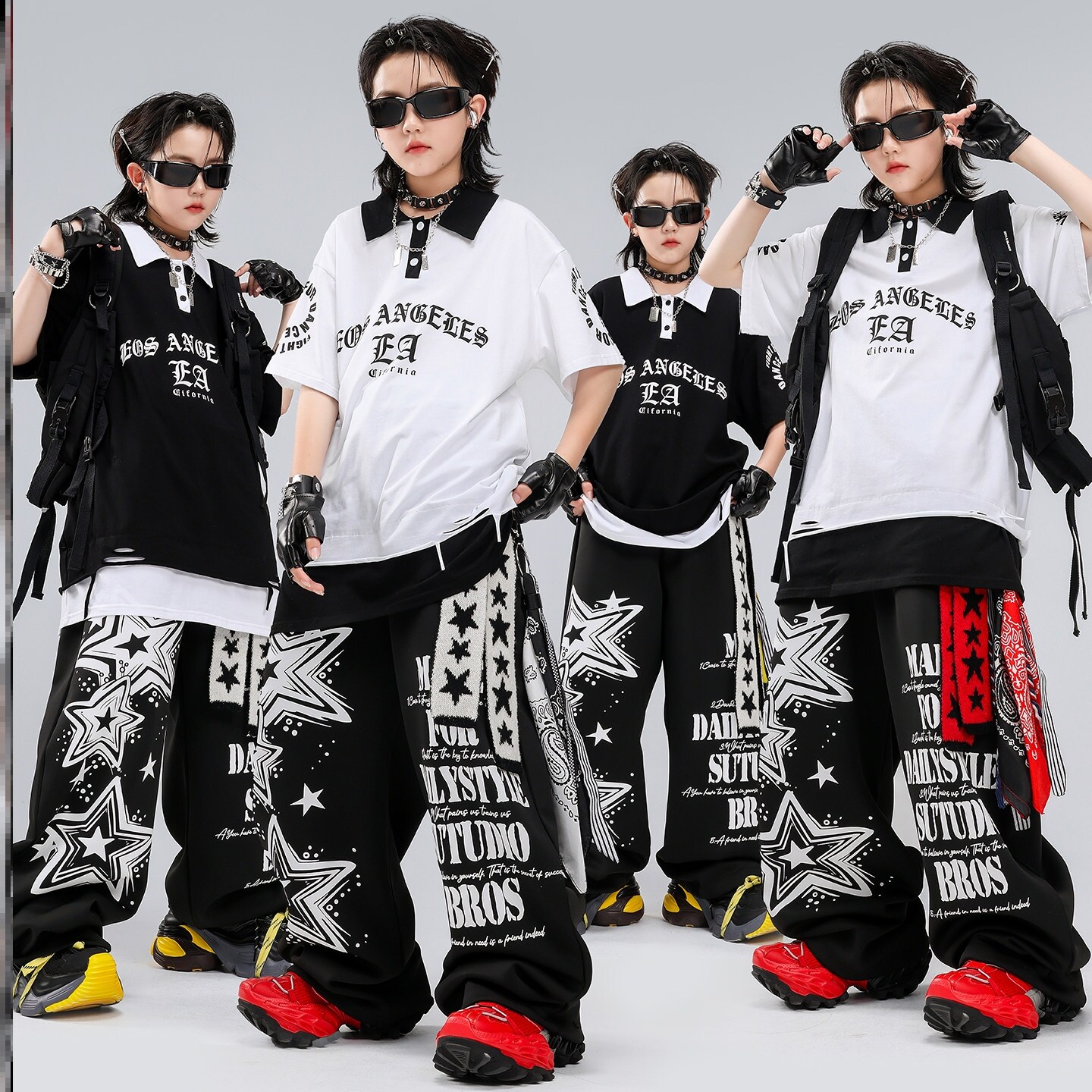 男童嘻哈街舞服hiphop走秀衬衫蓝色黑黄黑白黑红端午潮服皮衣帅气