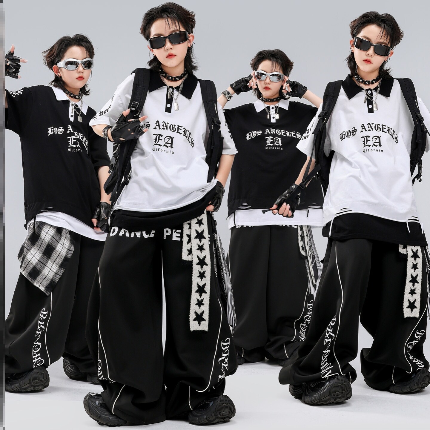 hiphop街舞儿童潮服蓝色潮牌少儿嘻哈潮装条纹男孩童装红白服装
