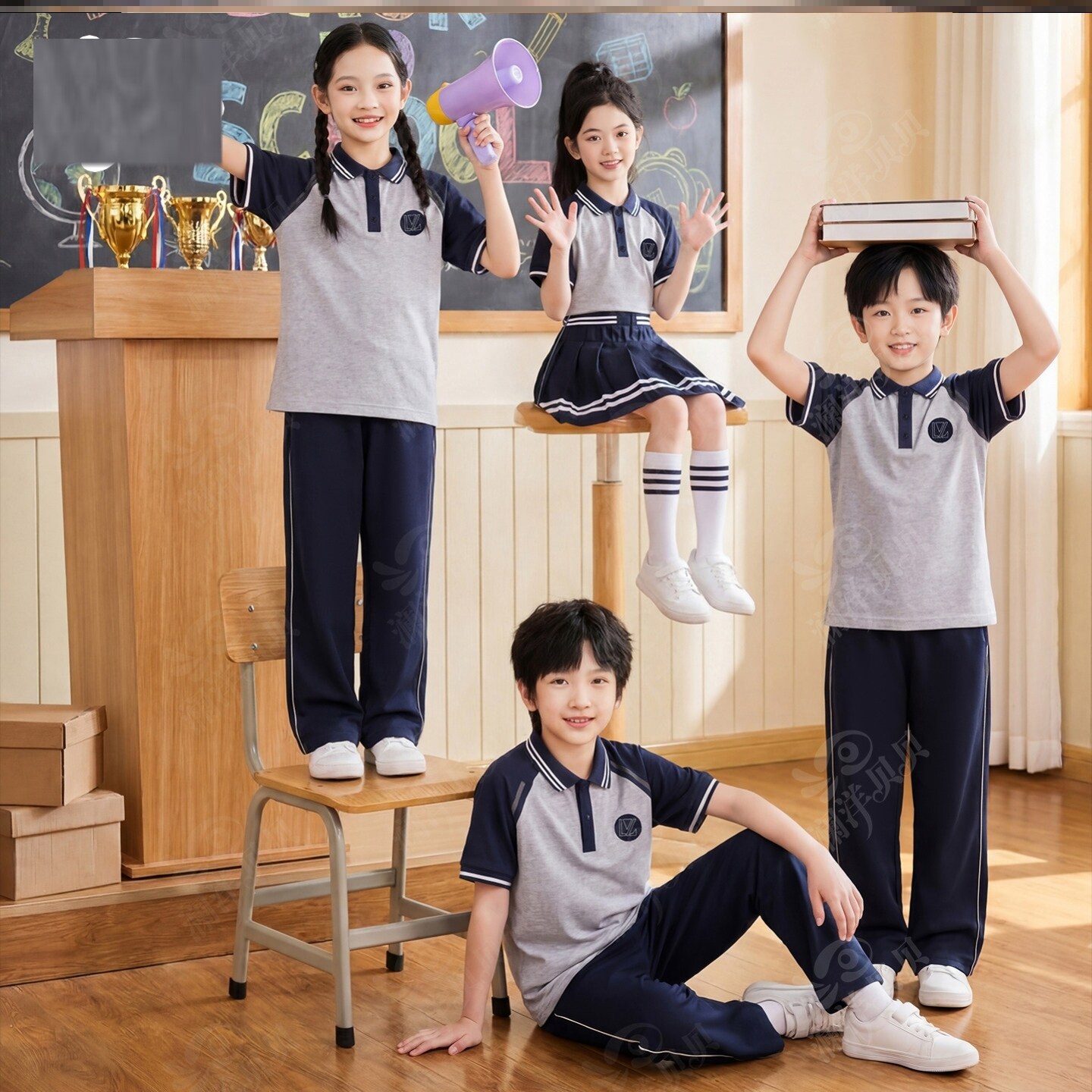 辽宁省沈阳市新民市小学生夏季校服第二款儿童短袖初中班服订制