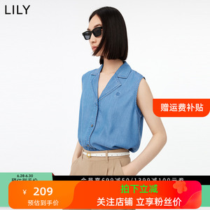 LILY2023秋新款女装垂坠天丝别致绣花宽松无袖牛仔衬衫叠穿上衣女